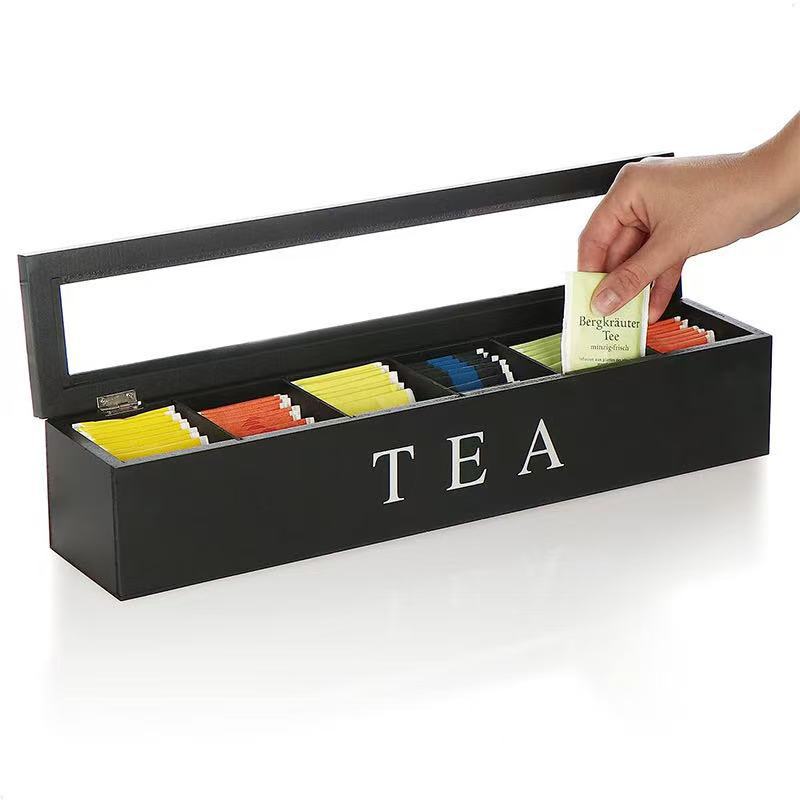 Desktop Wooden Tea Bag Storage Box Solid Wood Compartment Watch Jewelry Storage Box Flip-Top Coffee Capsule Storage Box