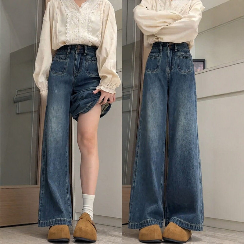 Retro Blue Wide-Leg Jeans for Women, New Autumn Style, Plus Size, High-Waisted, Slimming, Loose, Straight-Leg, Floor-Length Pants Retro Blue Wide-Leg Jeans for Women, New Autumn Style, Plus Size, High-Waisted, Slimming, Loose, Straight-Leg, Floor-Length Pants