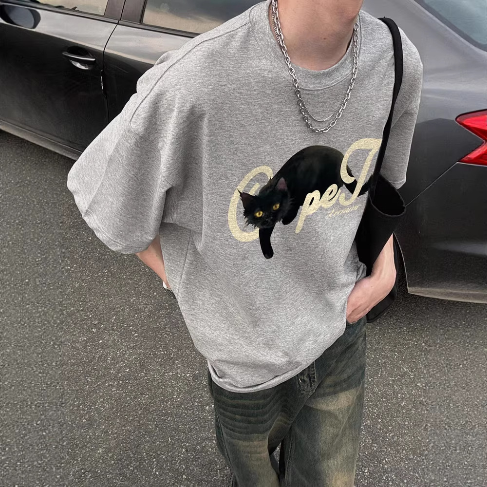 花灰色美式纯棉t恤男短袖夏季潮牌设计感重磅复古欧美高街半截袖