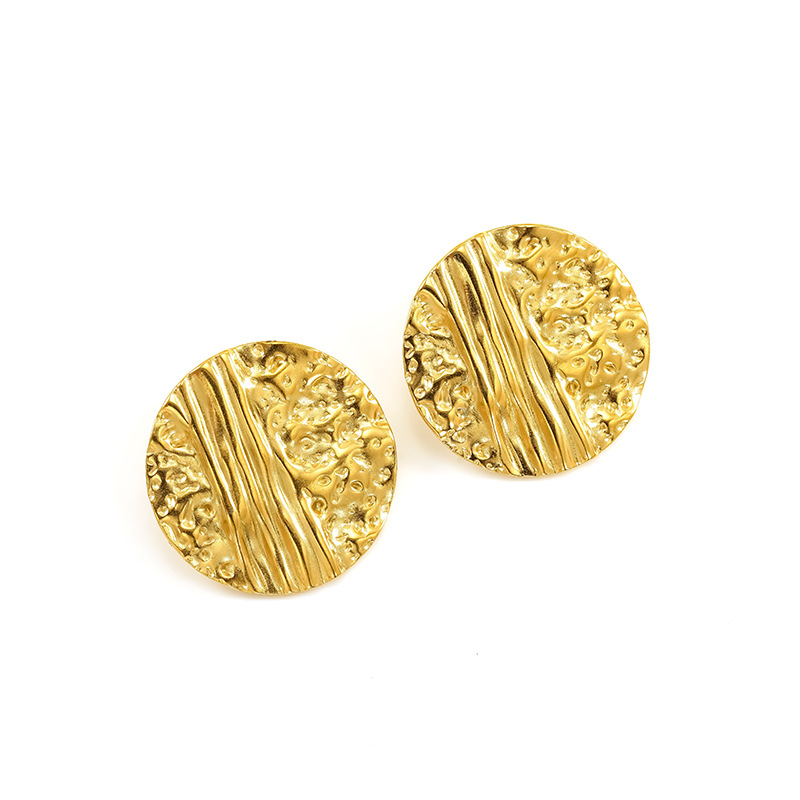 Europe and the United States cross-border ins style personality Joker earrings plated gold pleated hammer round design earrings women's wholesale_voghion.com