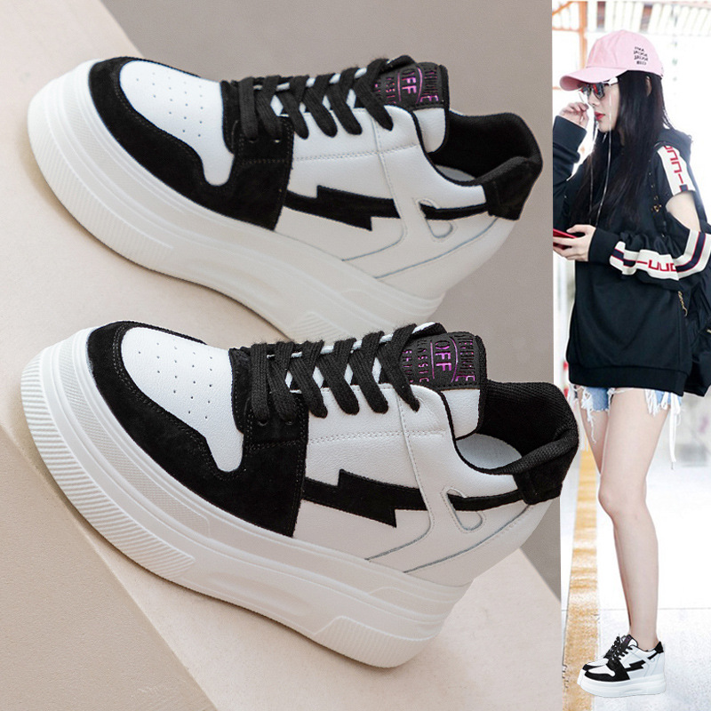 여성 운동화 2025 새로운 정품 가죽 신발 내부 높이 증가를위한 다목적 두꺼운 밑창 플랫폼 신발 여성 신발 스포츠 여름 흰색 신발