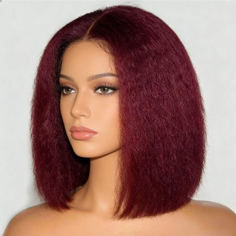 Straight Bob Wig, Curly Straight Hair, Front Lace Wig, Pre-Cut Lace Wig, Short Burgundy Blunt Cut