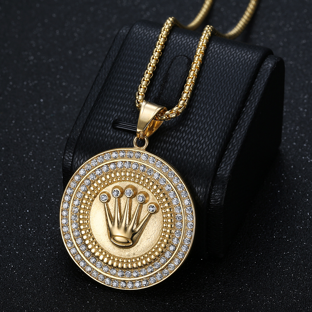 Titanium Steel Chain Material Hip-Hop Round Crown Titanium Steel Plating Rhinestones 18K Gold Plated Men's