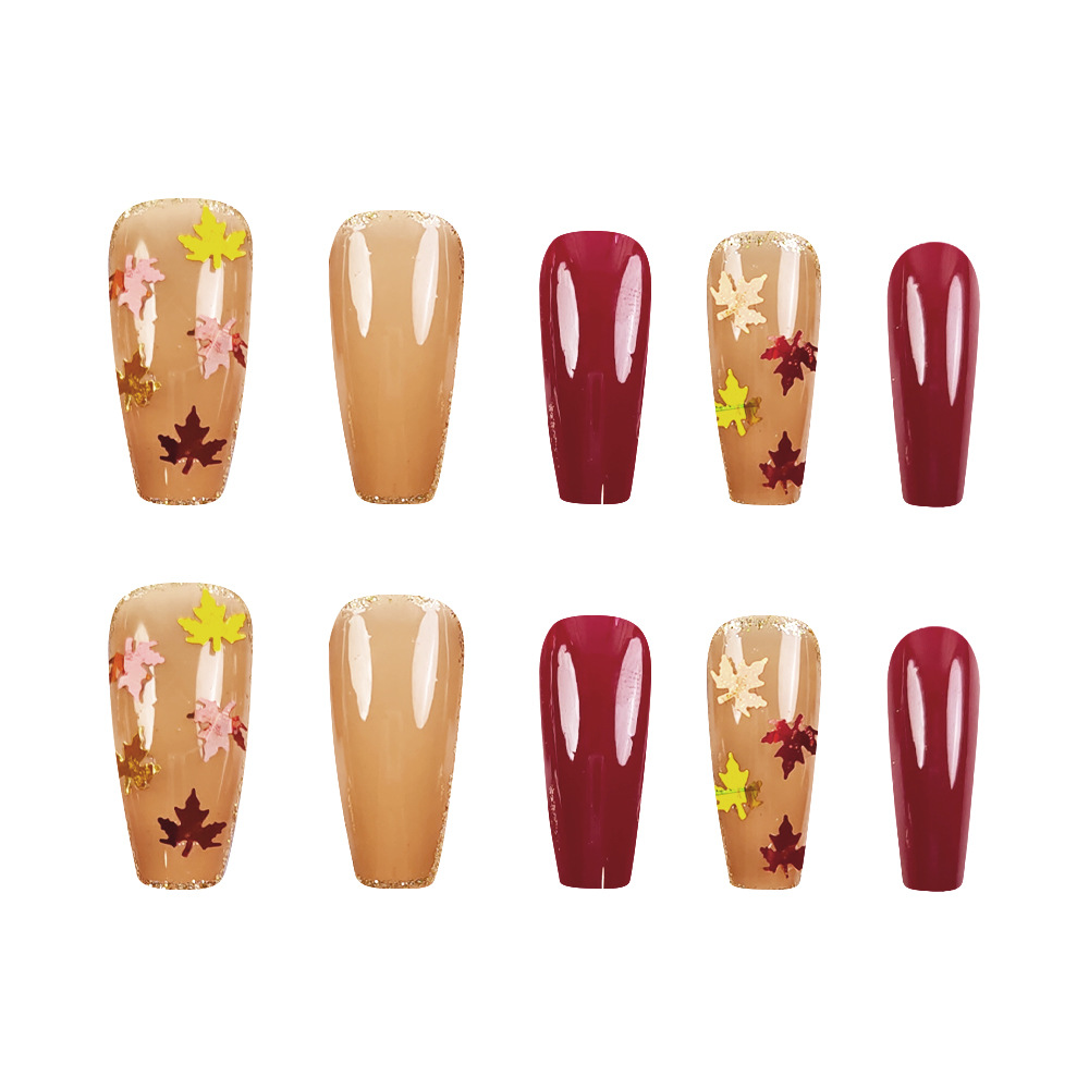 Otoño de color contrapeso oro de hoja de arce manicura comercio exterior polvo de brillo delicado para usar 24 piezas de parche de uñas falsas
