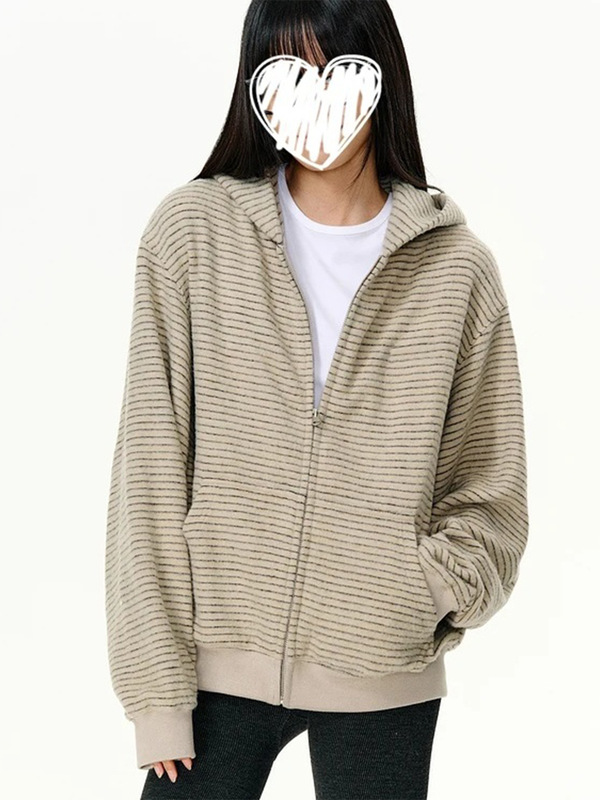 杏色条纹拉链开衫卫衣男女款秋季小众设计感美式复古连帽情侣外套|undefined
