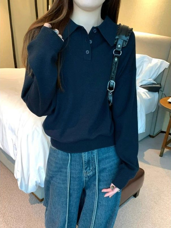 韓国系polo襟のたるみ感のあるニットセーター女性2025春秋シンプルで怠惰なボトムシャツのゆったりとした上着|undefined