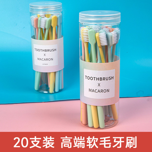 [20 Pack] Bucket Small Candy Color Toothbrush Adult Household Bucket Soft Bristle Toothbrush Macaron Color Toothbrush Wholesale