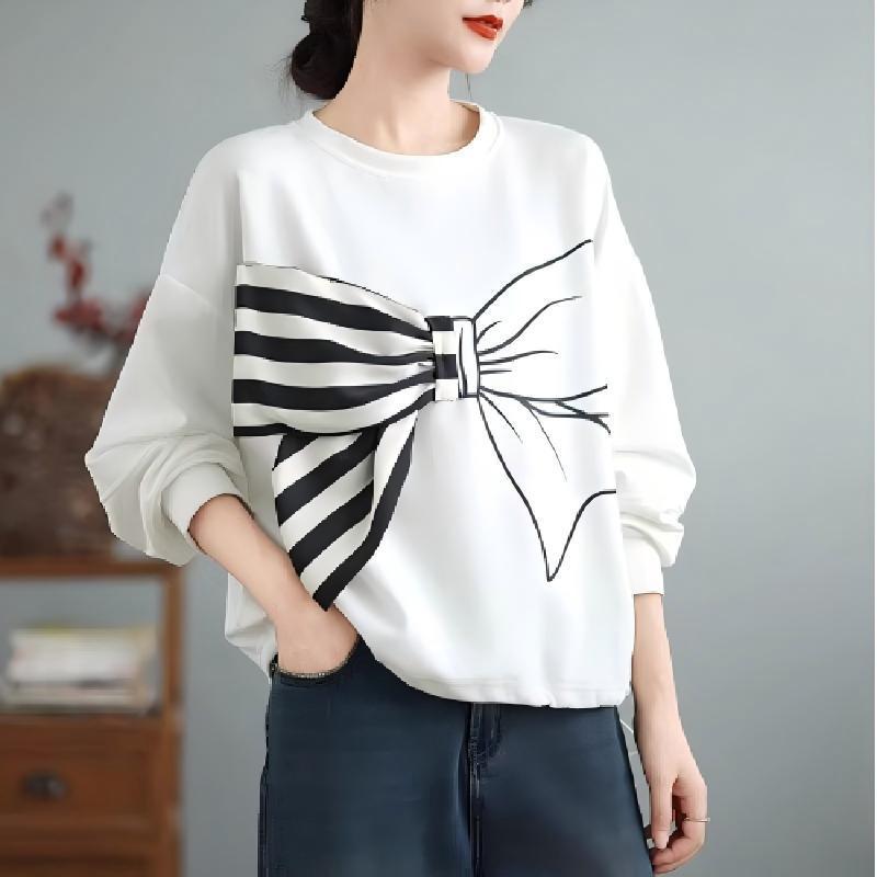 Women's Bow-Tie Long-Sleeve Sweatshirt, 2026 Autumn, Plus Size, Loose Fit, Pullover Top