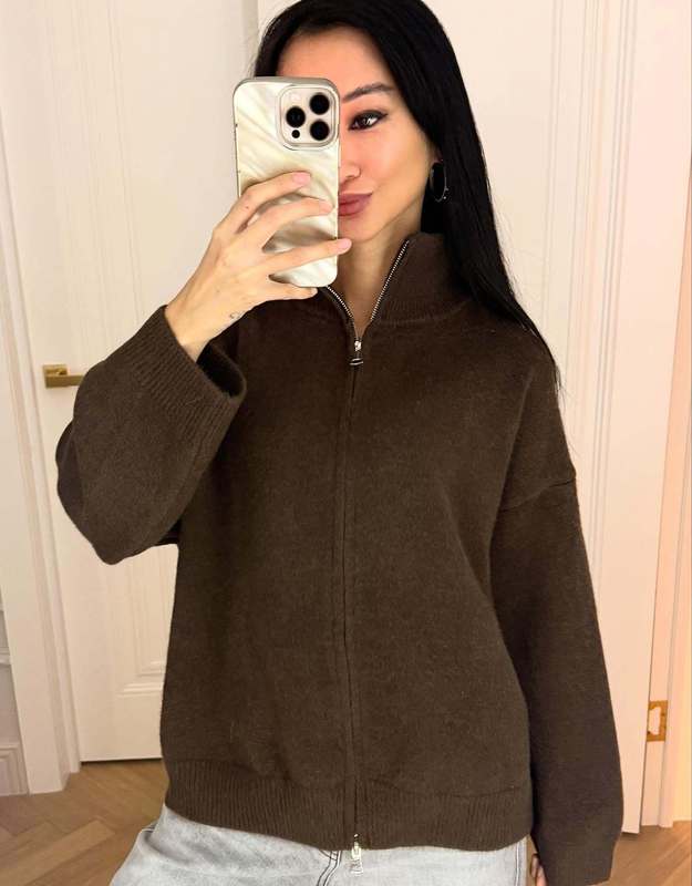 外贸韩版立领双拉链针织开衫女秋冬新款简约风宽松软糯毛衣外套潮|undefined