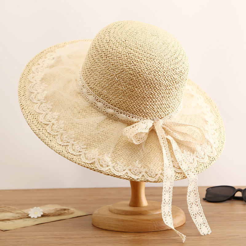 Women'S Gender Simple Straw Hat Lace Bows Hat Female Sunshade French Ladies Top Hat