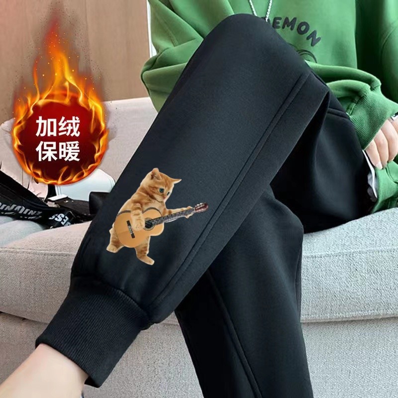 기타 고양이 나사 블랙 팬츠 플러스 벨벳