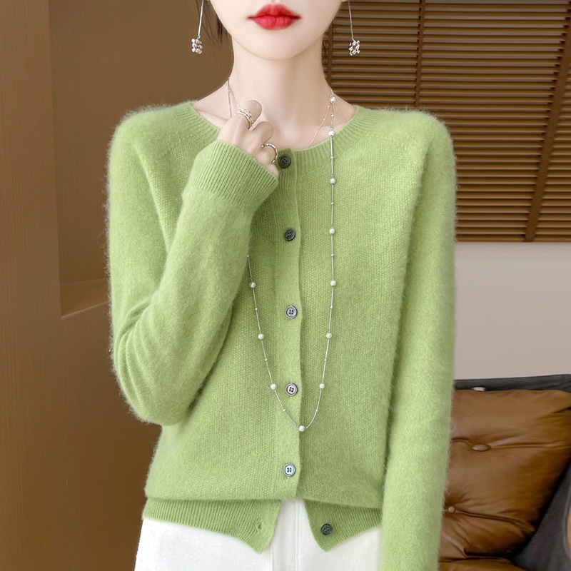 First-Line Ready-To-Wear 100 Wool Cardigan Women's Round Neck Jacquard Knitted Velvet Loose Outwear Long-Sleeved Sweater Soft and Waxy