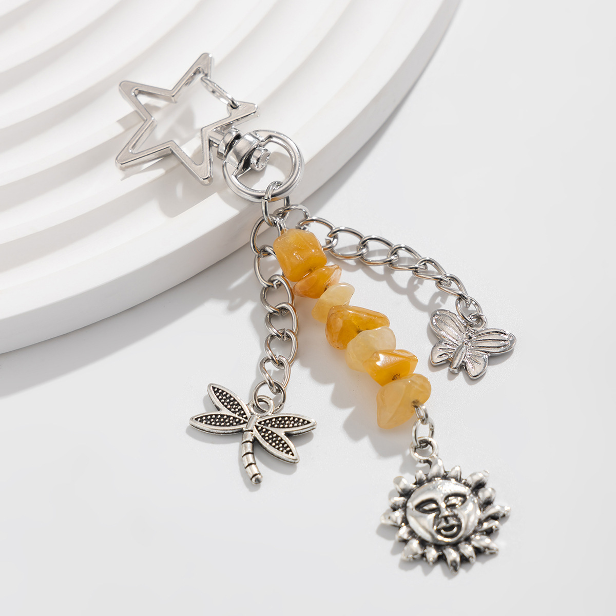 Moon And Sun Irregular Stone Keychain With Butterfly Pendant_voghion.com