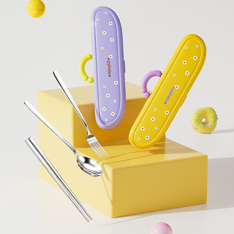 Dopamine 304 Stainless Steel Portable Cutlery Set Spoon and Fork Three-Piece Cartoon Student Outdoor Cutlery Storage Box Dopamine 304 Stainless Steel Portable Cutlery Set Spoon and Fork Three-Piece Cartoon Student Outdoor Cutlery Storage Box