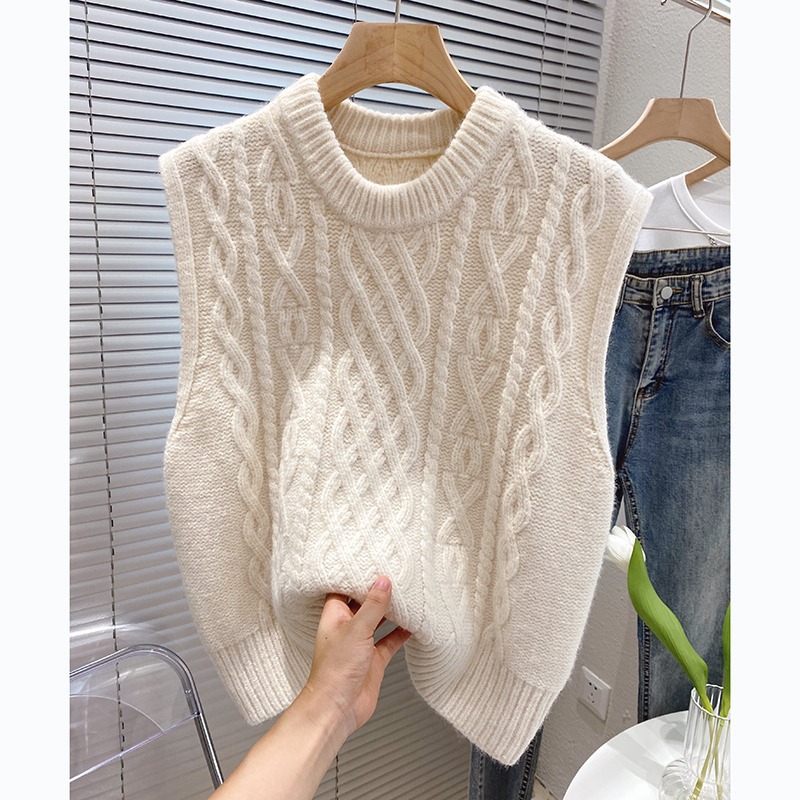 2023 primavera y otoño vintage Twist suéter sin mangas de las mujeres de estilo coreano flojo apilado Chaleco de punto exterior Chaleco de cuello redondo