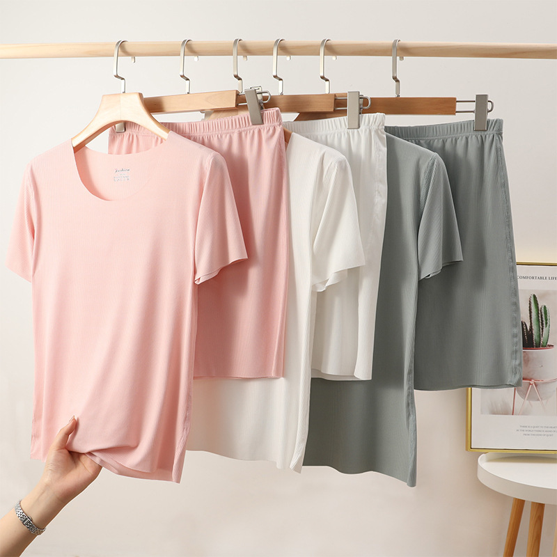 Women's Ice Silk Edge T-shirt suit Summer New Round Neck Thread Pajamas Pants 2 Piece Sweet Casual Home Clothes