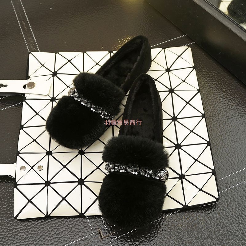兔毛毛鞋女新款外穿秋冬百搭厚底加绒豆豆鞋一脚蹬水钻大码41一43