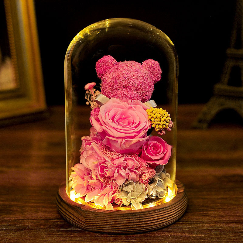 Christmas and Valentine's Day Gift Eternal Flower Teddy Bear Moss Glass Dome Finished Gift Box for Girlfriend Birthday Decoration Rose