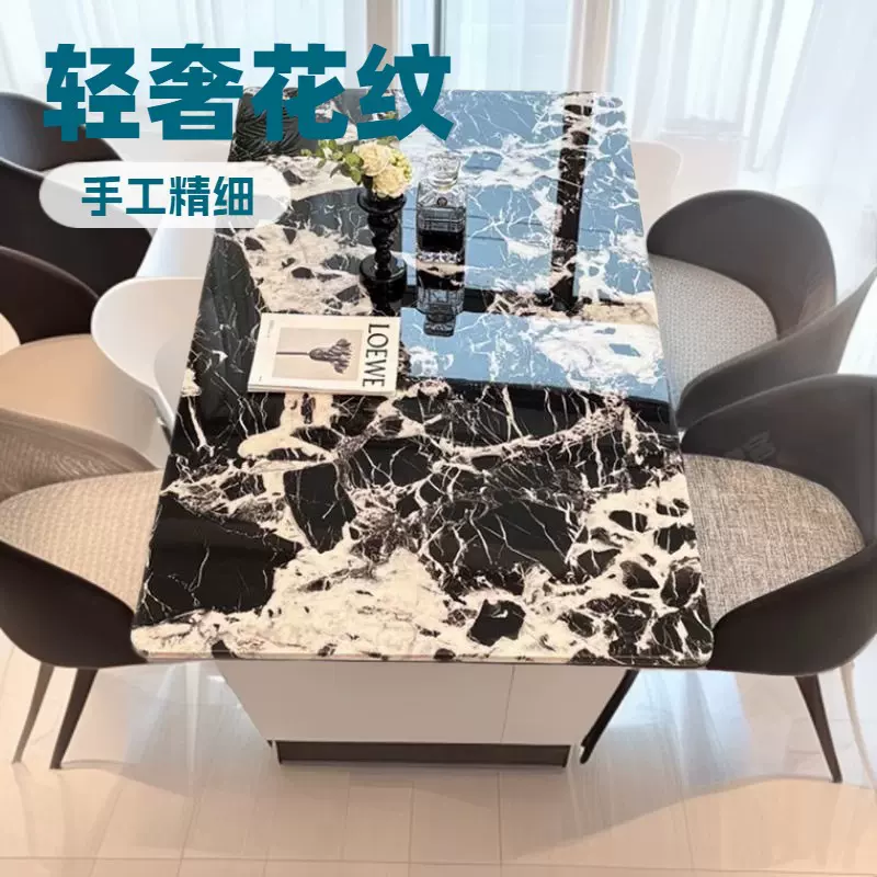 现代餐桌简约意式不锈钢奔驰台面岩板餐桌椅轻奢家用 组合长方形
