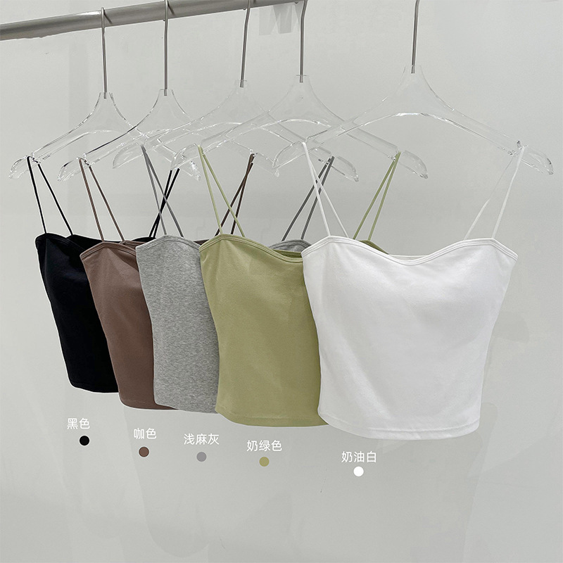 Spring and Summer New Style One-Line Collar Cotton with Chest Pad Two-In-One Basic Camisole Japanese and Korean Pure Color Bottoming Top for Women
