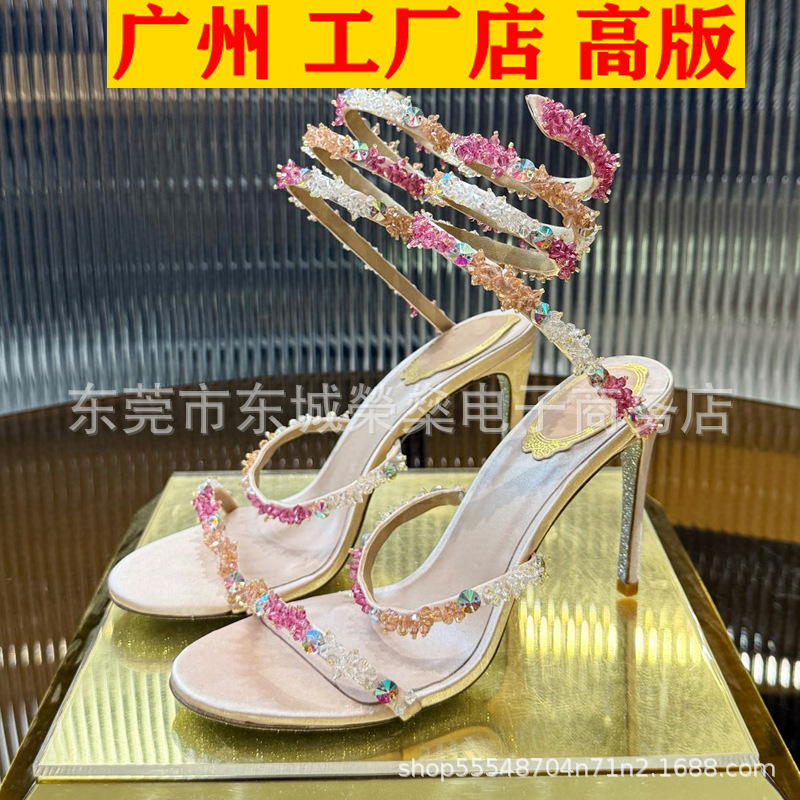 2025 New Summer Crystal Diamond Snake-Shaped Wrapped Anklet Sweet Pink Fairy High Heel Stiletto Open Toe Sandals