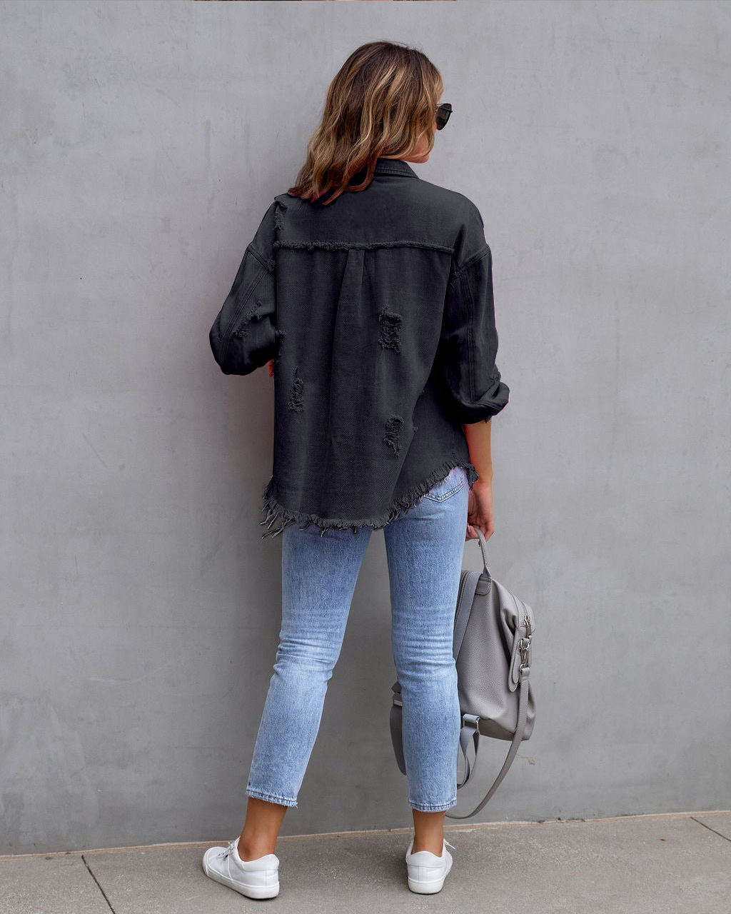 Giacca di jeans donna con volant strappata bavero manica lunga_voghion.com