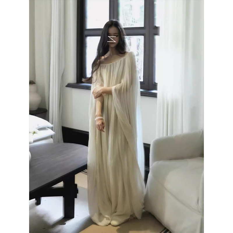 선 스타일 한 캐릭터 칼라 본 크럼 플 루즈 루즈 모닝 가운 스커트 쿨 느낌 요정 케이프 원피스 롱