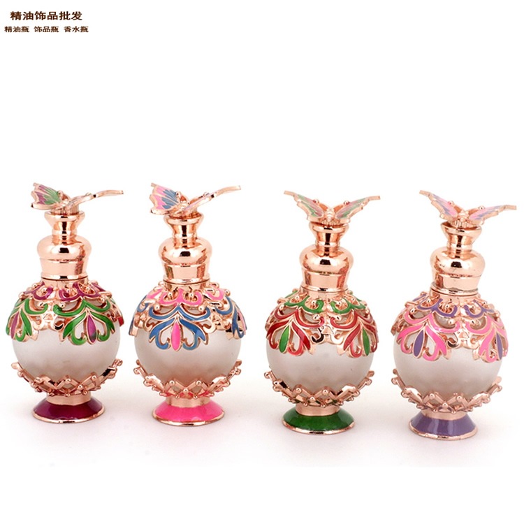 精油饰品网玫瑰金色蜘蛛花纹球形款蝴蝶盖香水瓶全图6.jpg