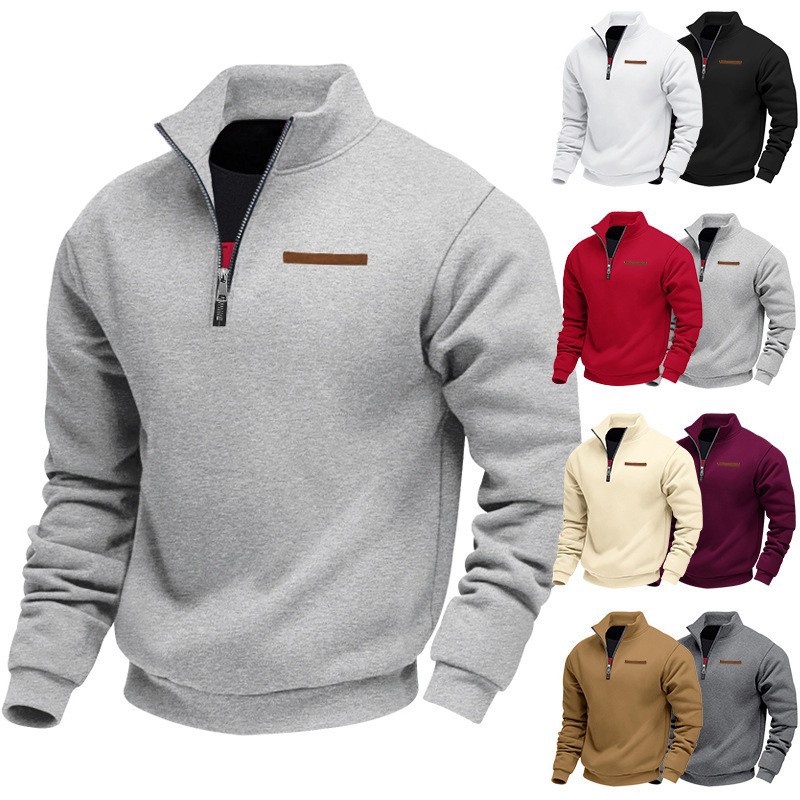 Cross-Border American-Style Independent Plus-Size Spring and Autumn Short-Sleeve Fleece-Lined Half-Zip Loose Stand-Collar Pullover Solid Color Casual
