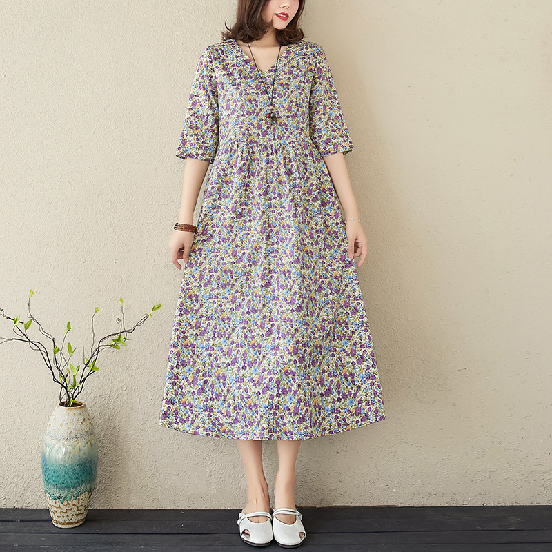 Artistic Plus Size Loose Cotton And Linen Floral V-neck Dress