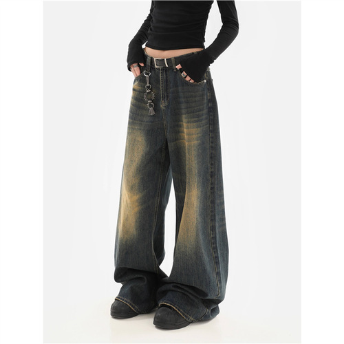 Vintage distressed washed denim jeans for men, autumn American street style loose floor-length pants, trendy brand versatile casual long pants