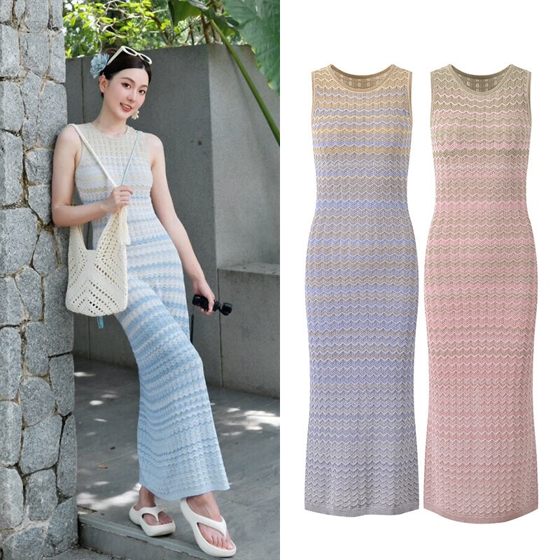 2025 Summer New Design Gradient Color Stylish and Elegant Slim-Fit Round Neck Sleeveless Dress