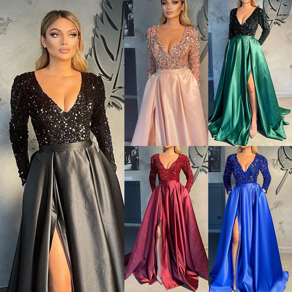 Vestido largo sexy con cola y lentejuelas, estilo europeo y americano, de nueva colección primavera-verano 2025, de marca independiente para mujeres, ideal para fiestas nocturnas.