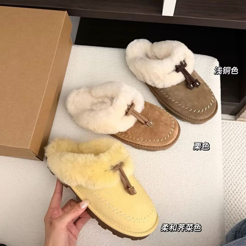 Women's thick-soled furry slip-on slippers, 2026 autumn/winter new style, closed-toe, for outdoor wear, height-increasing, fleece-lined, snow boots, half-slipper style