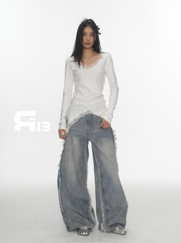 R13 Thirteen Lines 25 春夏アメリカンホットガールニッチデザインフリップサスペンダーレースボトム長袖Tシャツ8356|undefined