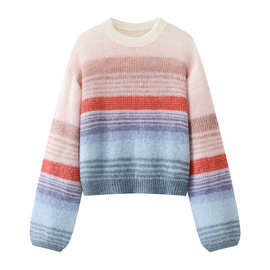 2026春季新款女装甜美风多巴胺彩条灯笼袖长袖针织衫上衣3K1EE21