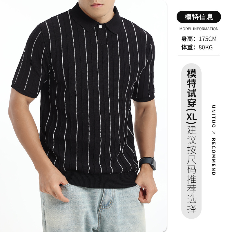Polo de seda de hielo de hombre, camiseta de alto nivel, camiseta de negocios, camiseta de polo, tela de rayas, camiseta de punto de manga corta para hombres
