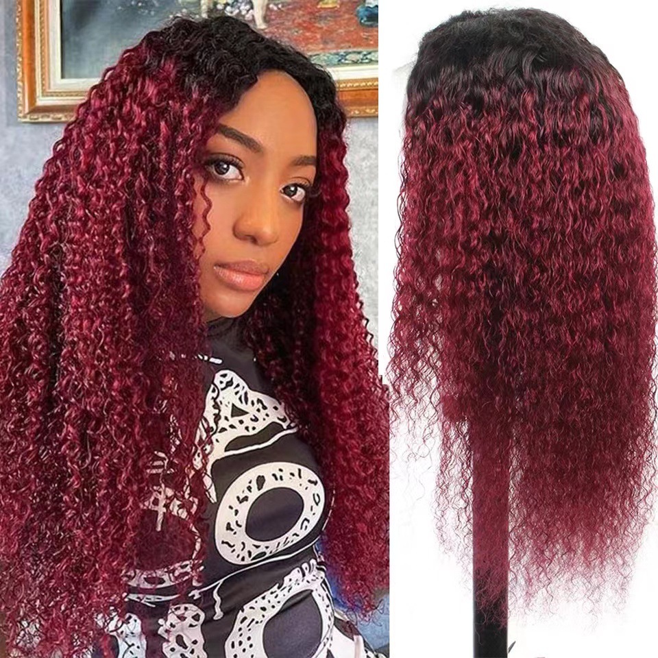 Vinröd lång lockig lace front peruk för kvinnor syntetisk_voghion.com