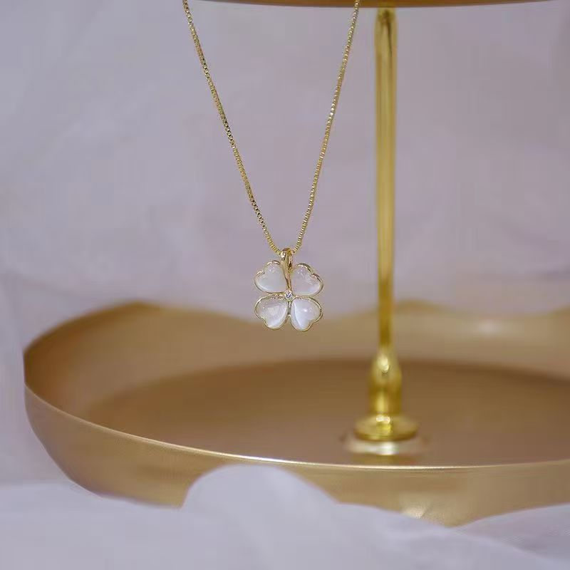Clover Necklace With Cat's Eye Stone For Women Versatile Style_voghion.com