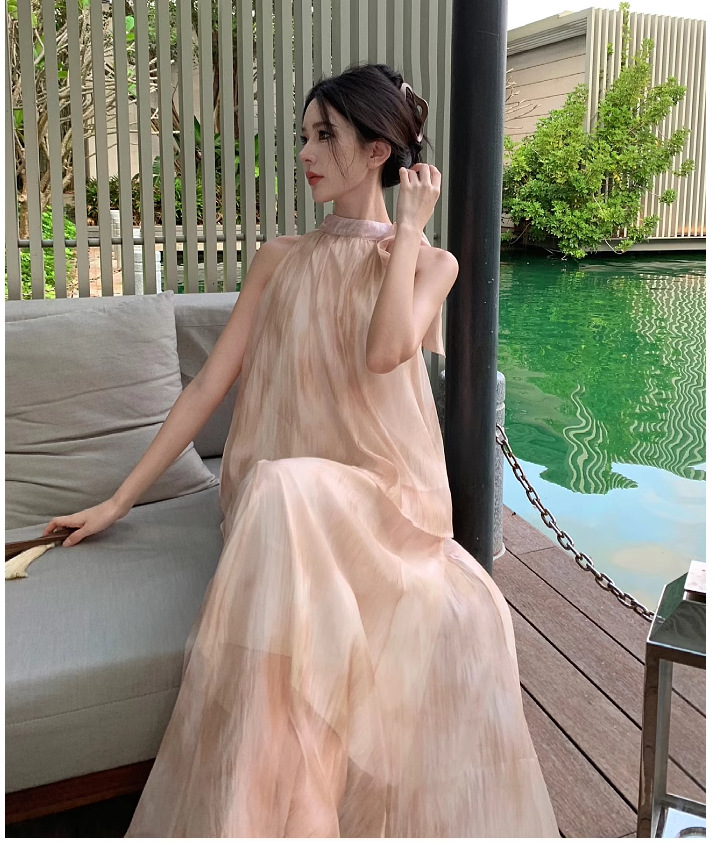 【中國直郵】 奢笛熊 新中式國風復古紮染油畫掛脖上衣 夏季高腰寬鬆半身裙 兩件套裝 M碼