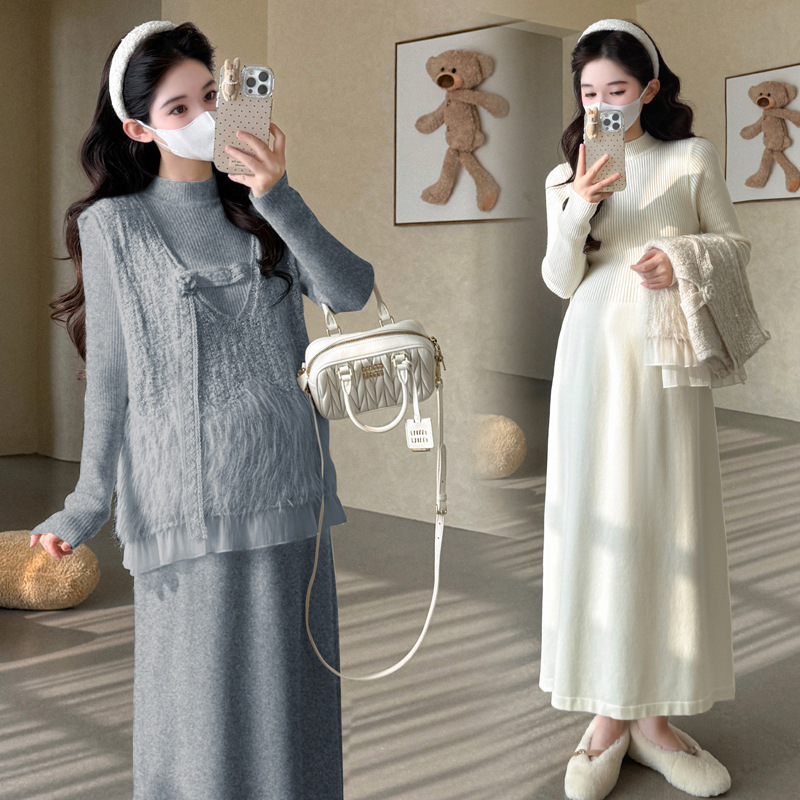 孕妇装2025秋冬季新款韩版时尚重工钩花马甲+软糯打底裙孕妇套装|undefined
