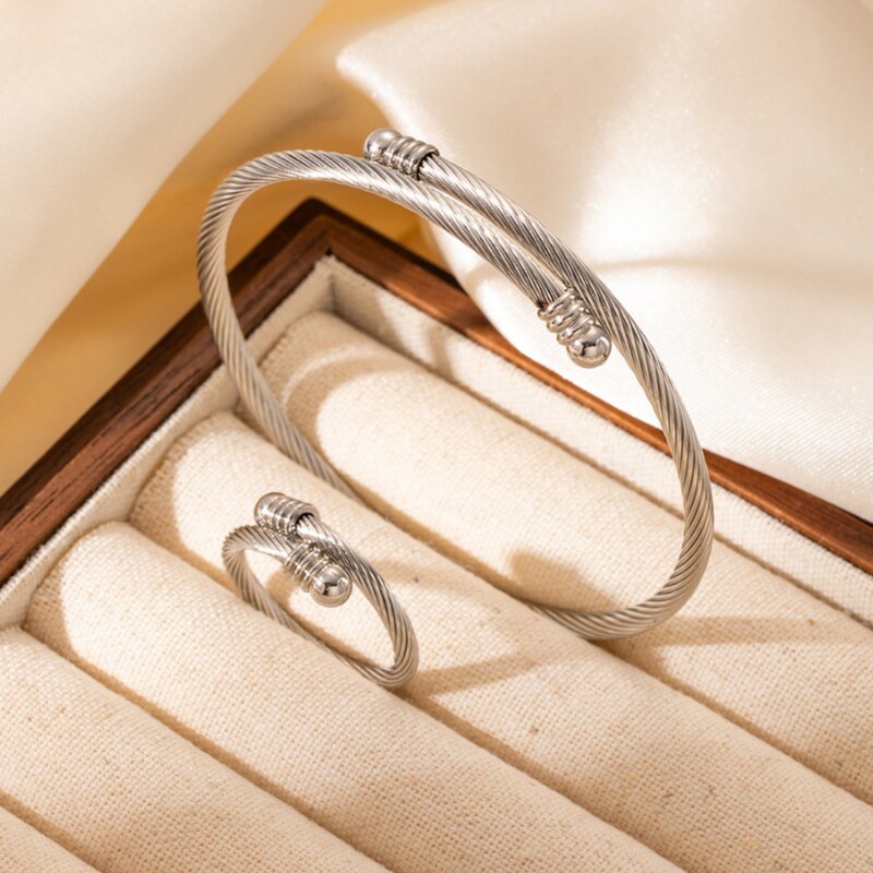 Cross-Border Round Head Twist Rope Bracelet Titanium Steel 18K Gold-Plated Simple Ring Set Adjustable European and American Women's Bracelet