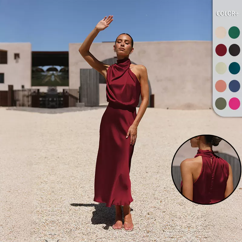 2026春夏热卖高级感缎面无袖连衣裙欧美敬酒伴娘服优雅名媛晚礼服