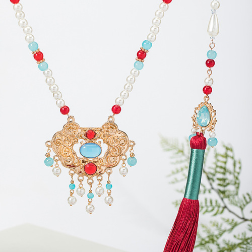 Horse-faced skirt necklace, plain-made necklace with cloud back, long tassels, soft necklace, Hanfu accessories 18.9GF072