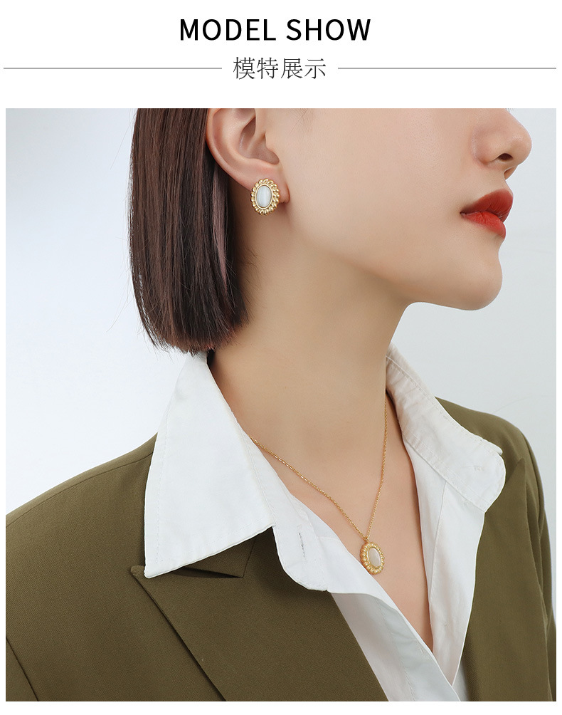 Anniversary, Business, Travel Occasion European And American Ins Ornament Opal Pendant Necklace Ear Stud Earrings Titanium Steel Set Female For Girlfriends F554-p098