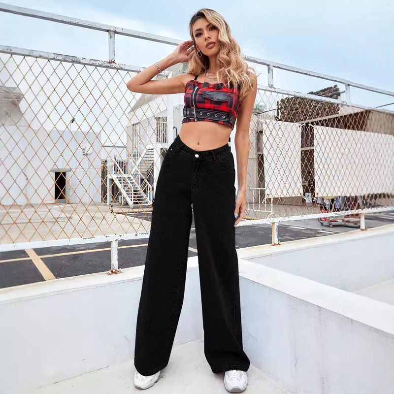 Cross-Border Foreign Trade Amazon European and American High-Waisted Women's Jeans Light-Colored Washed Loose Wide-Leg Large Size Straight Pants