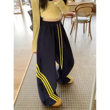 实拍 立体腰 美式街头条纹三条杠弯刀卫裤女宽松阔腿休闲运动裤