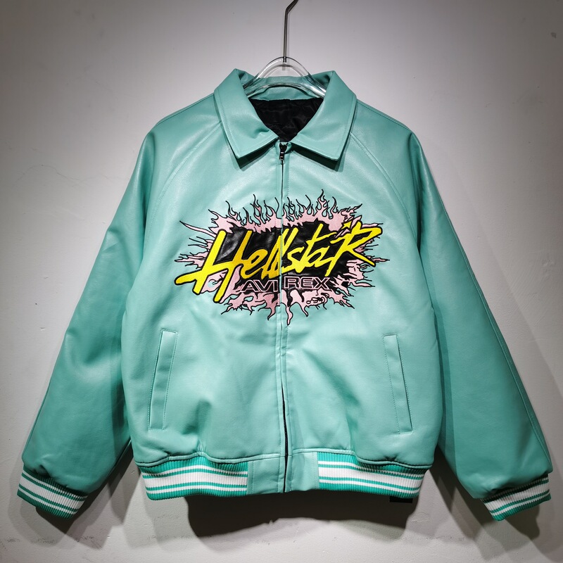 Hellstar Xavirex Joint Brand Tiffany Green Retro Trendy Jacket Motorcycle Embroidered Pu Leather Jacket Hellstar Xavirex Joint Brand Tiffany Green Retro Trendy Jacket Motorcycle Embroidered Pu Leather Jacket