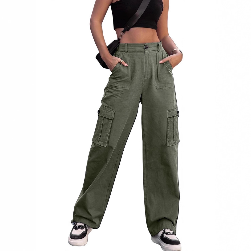 Amazon's Popular Casual Pants for Women with Multiple Pockets, High Waist, Semi-Elastic Waist, Cargo Pants, Cross-Border Straight-Leg Drawstring Long Pants