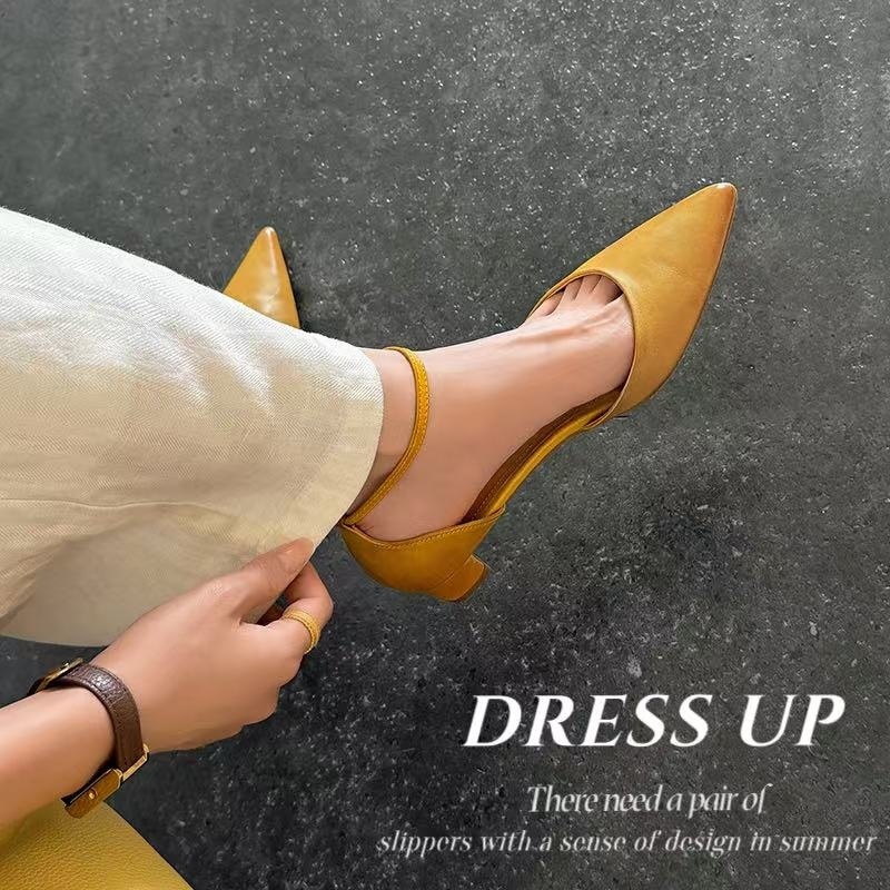 Sandal nữ mũi nhọn quai ngang gót vuông 3,5 cm phong cách Hàn Quốc — đen chi tiết 1